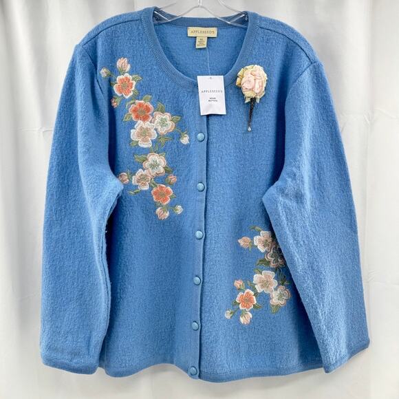 Appleseed's Sweaters - Appleseed's Boiled Wool Embroidered Button Front Cardigan Blue Sz XL Floral